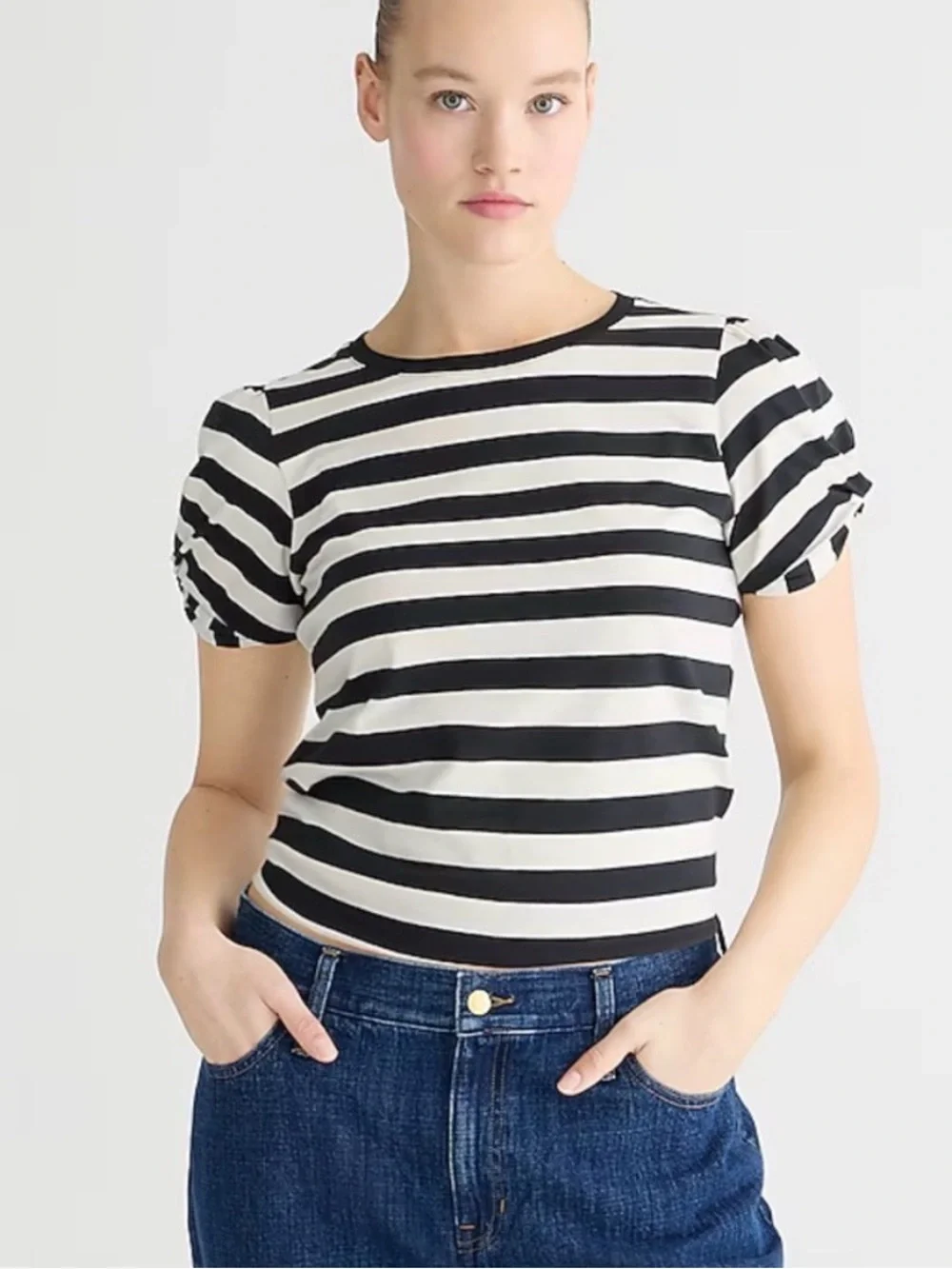 J. Crew Black & White Striped Puff-Sleeve Tee